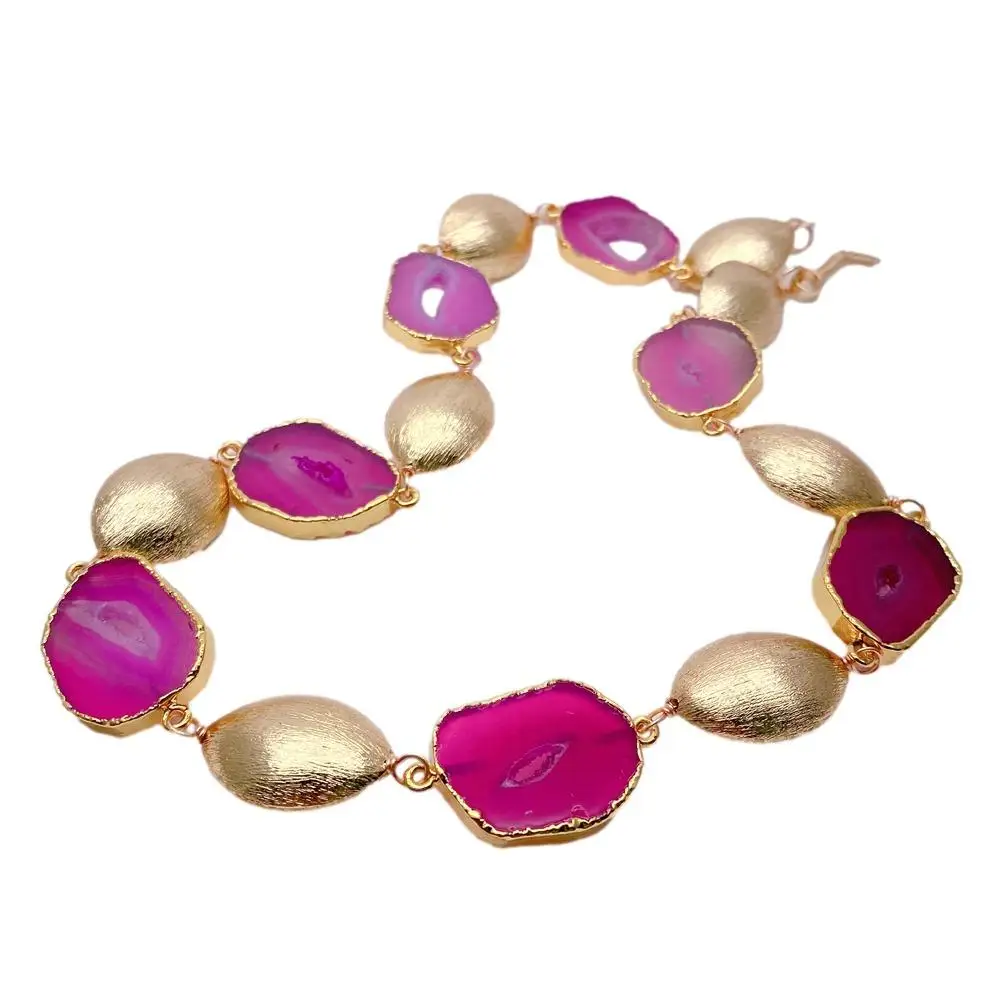 Y.YING Fuchsia Color Agate Slice Gold Plated Brushed Choker Necklace   Women Jewelry