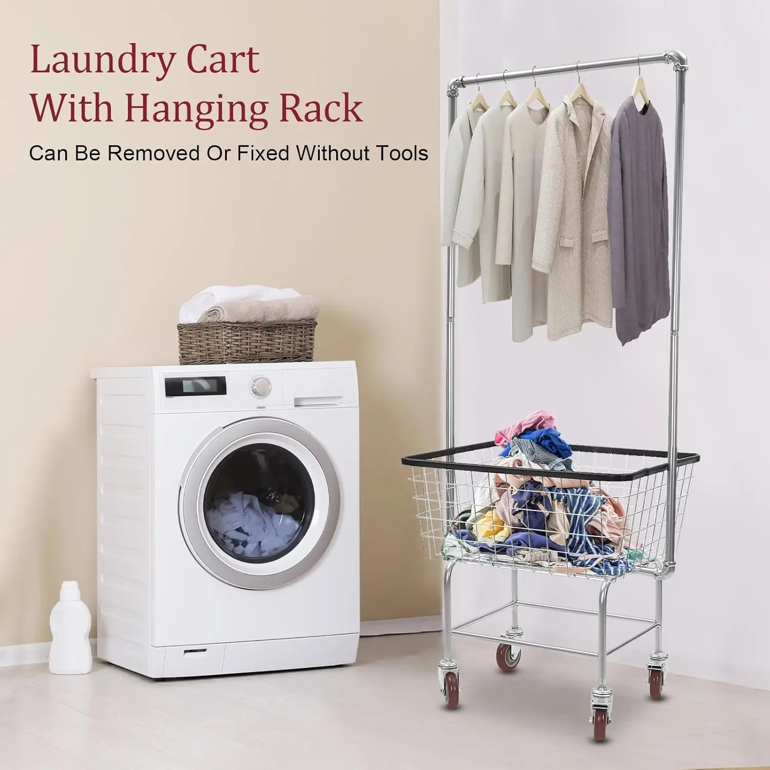 Laundry Cart with Hanging Rack, Wire Laundry Basket With Wheels 27''x22''x67'', Commercial Wire Laundry Basket Cart With drying