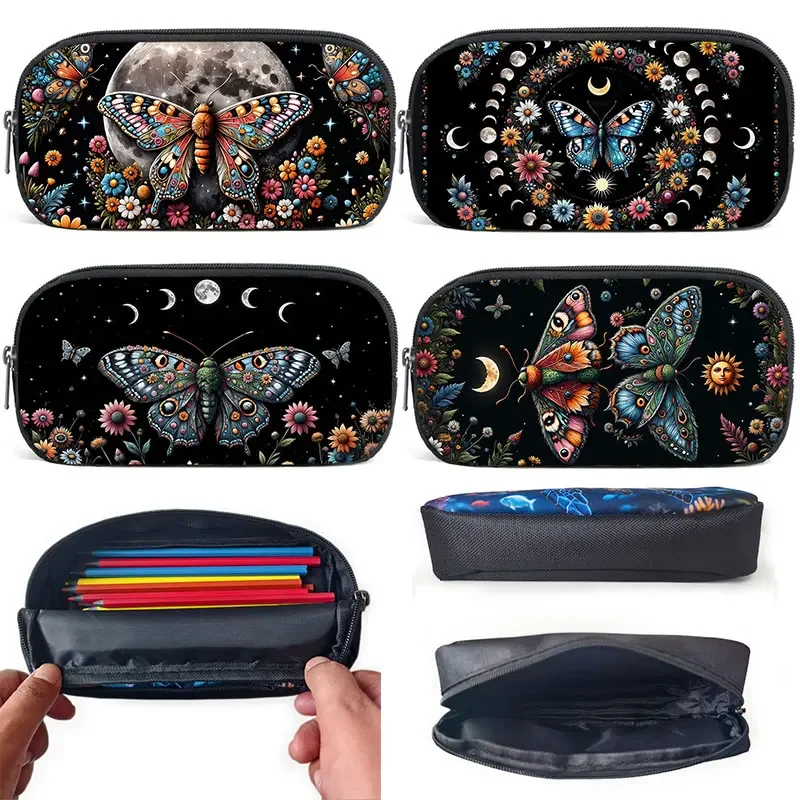 Mysterious Moth Moon Phase Print Cosmetic Case Teenager Pencil Bags Large Capacity Stationery Bags Pencil Box for School Office