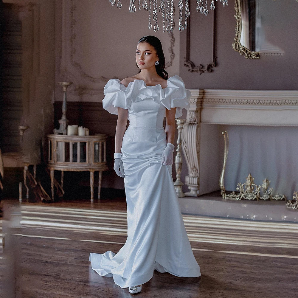 

Stylish Wedding Dresses Off Shoulder Mermaid Bride Dress Ruched Detachable Train Satin Bridal Gown Customized robe de mariée
