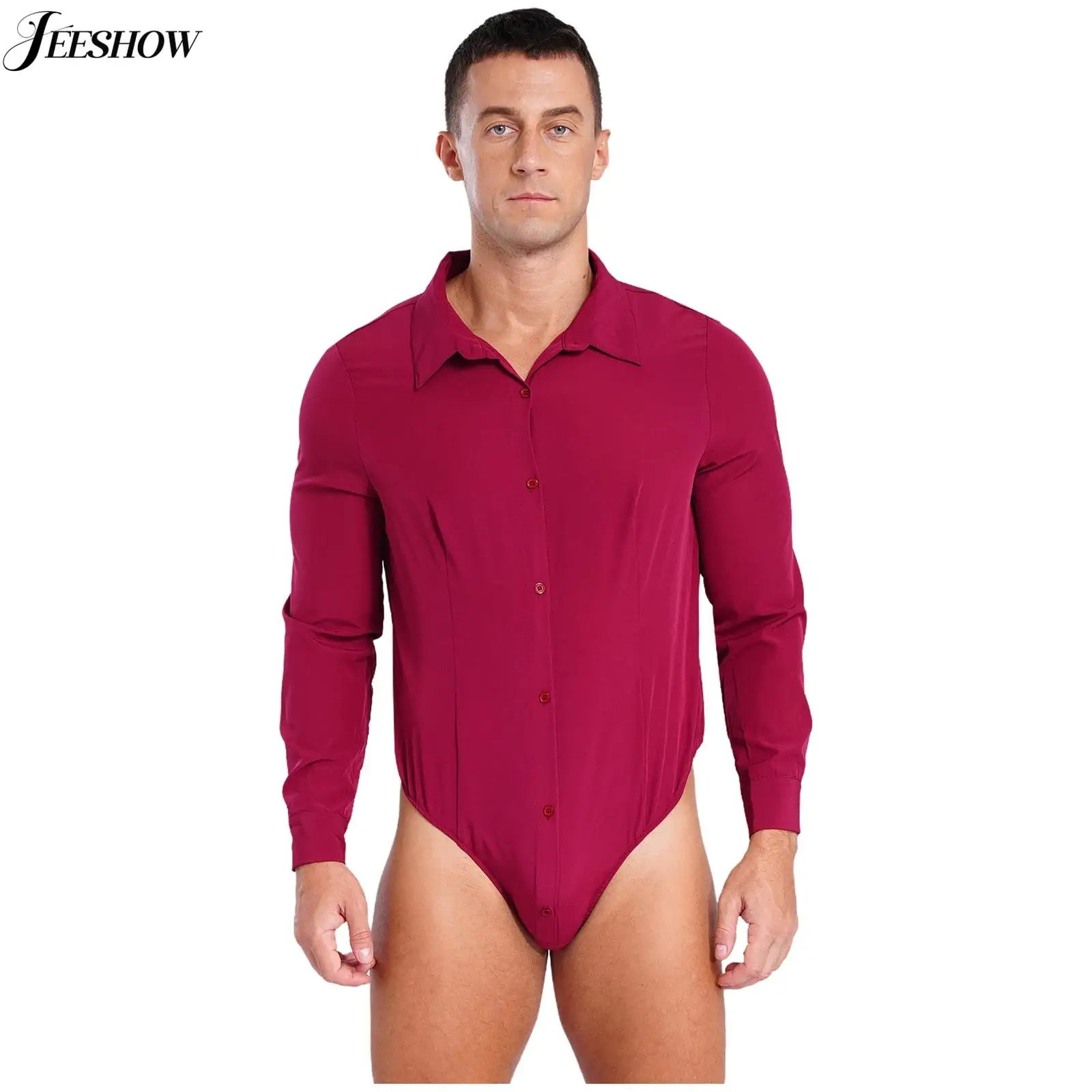 

Mens Solid Color Long Sleeve Bodysuit Shirts Turn-down Collar Button Down Bulge Pouch High Cut One Piece Jumpsuit Nightwear