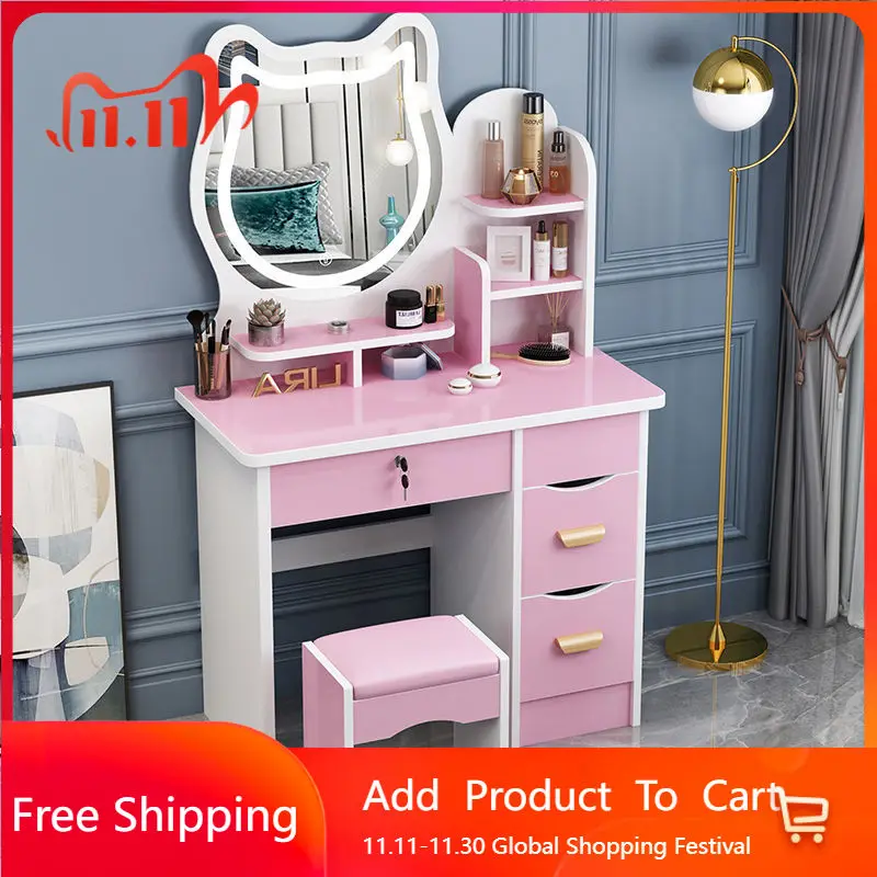 

Pink Modern Dressing Table Mirror Makeup Shelf Cosmetics Dressing Table Storage Girl Mesa De Maquillaje Postmodern Furniture