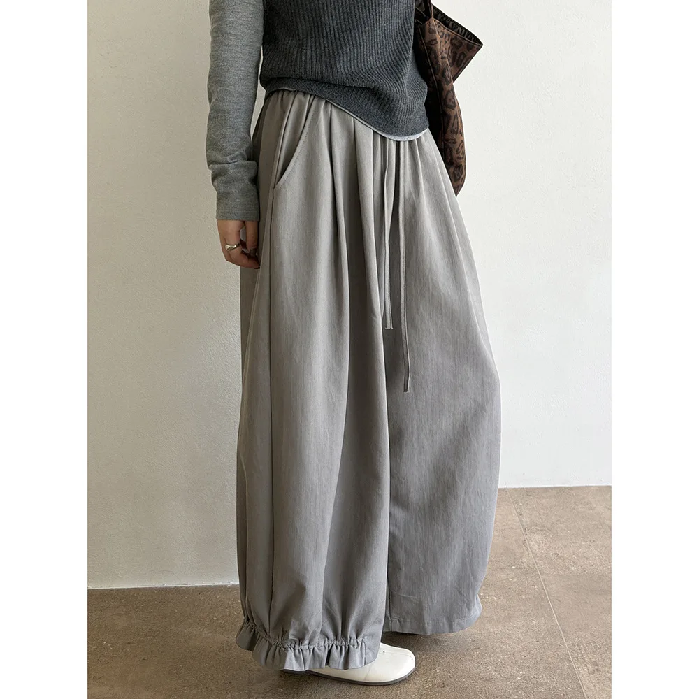 FANAN Women Drawstring Elastic Waist Wide Leg Pants Ruffle Hem Loose Oversized Casual Long Trousers With Side Pockets Autumn New