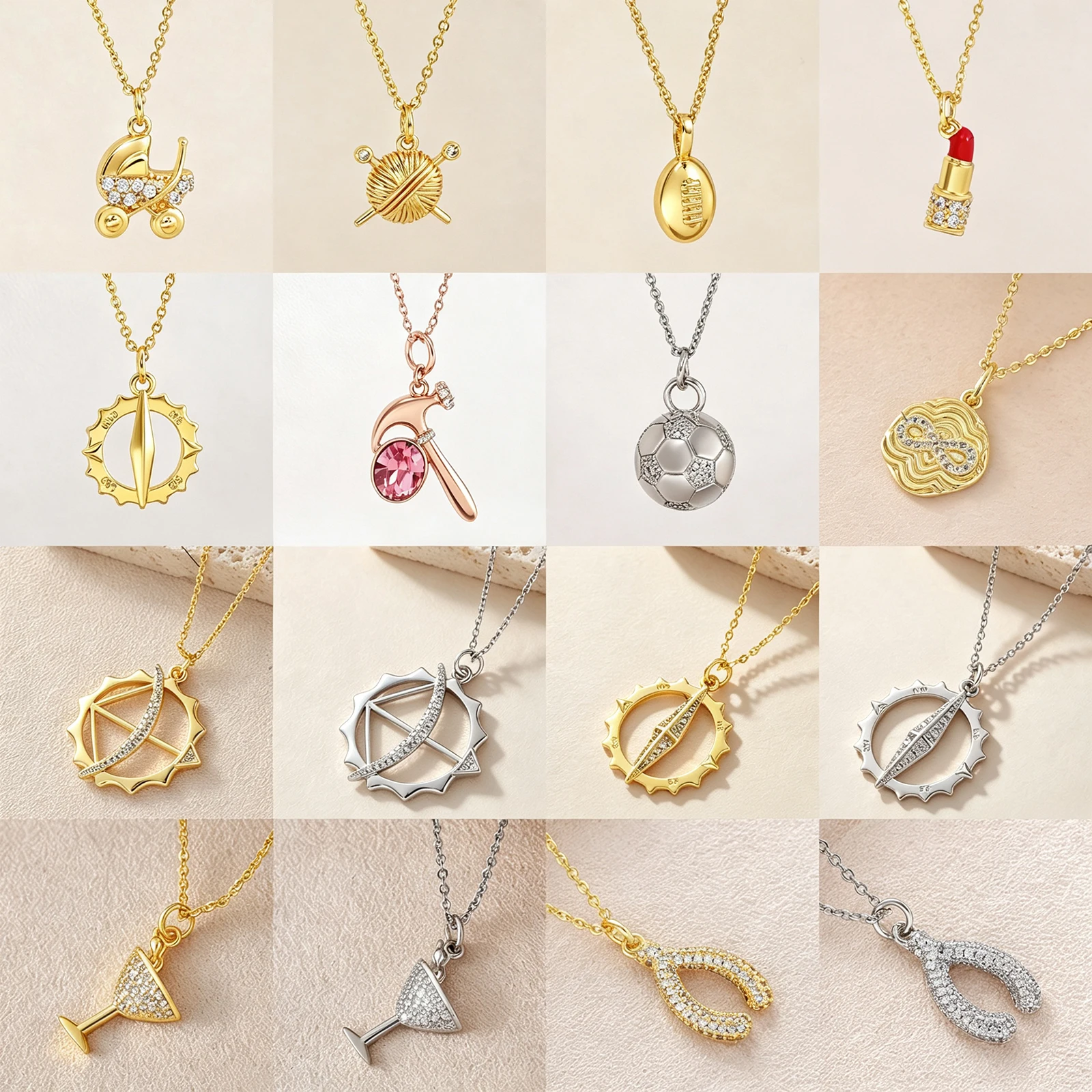 MHS.SUN 5pcs/Lot Cubic Zircon Painting Plate/Racket/Lipstick Pendant Necklaces Classic Gold Plated Jewelry for Women Girl