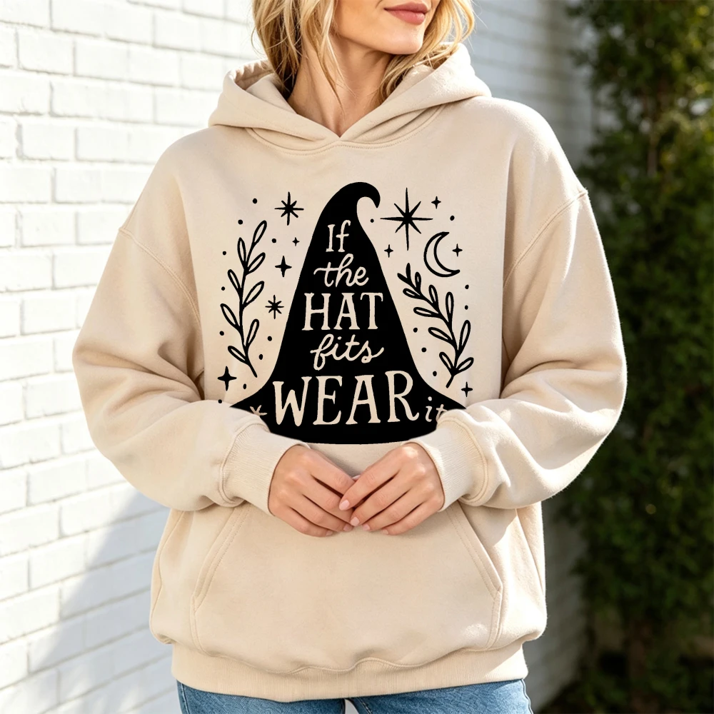 If The Hat Fits Wear It Witch Hat Graphic Women Sweatshirt Fall Halloween Spooky Vibes Retro Magic Salem Cute Gift Long Sleeve