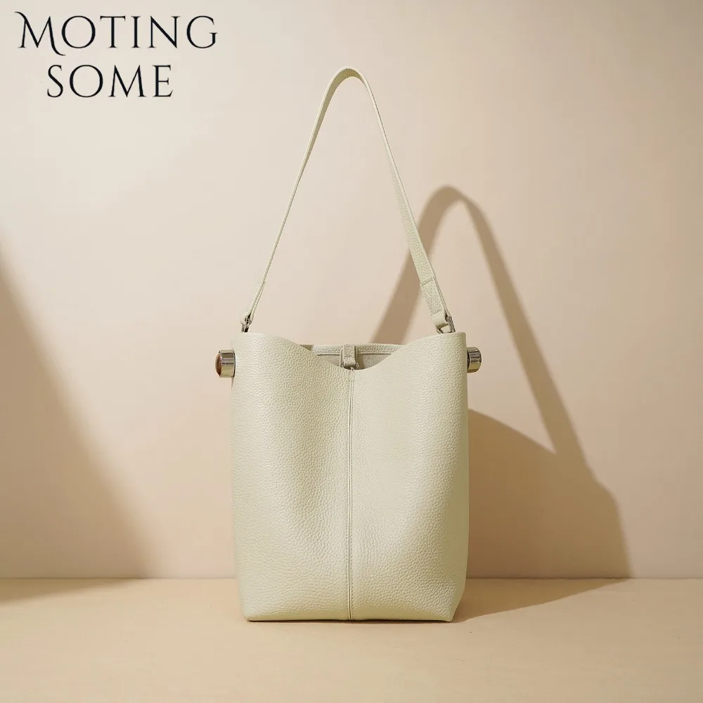 Motingsome Bucket Bag Women Simple First-layer Cowhide Tote Large Capacity Versatile Fashion Commuter Shoulder Handbag 2024 New