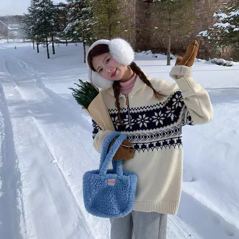 

2025 Winter Jacquard Loose Casual Knitted Pullover Top Retro Zipper Lapel Sweater Women Autumn Korean Sweet Long Sleeve Knitwear