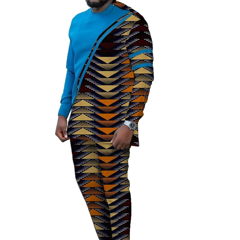 NigWin Styles-Haut patchwork imprimé bleu et avertissement pour hommes, chemises avec pantalons, vêtements de fête de mariage pour hommes, mode africaine