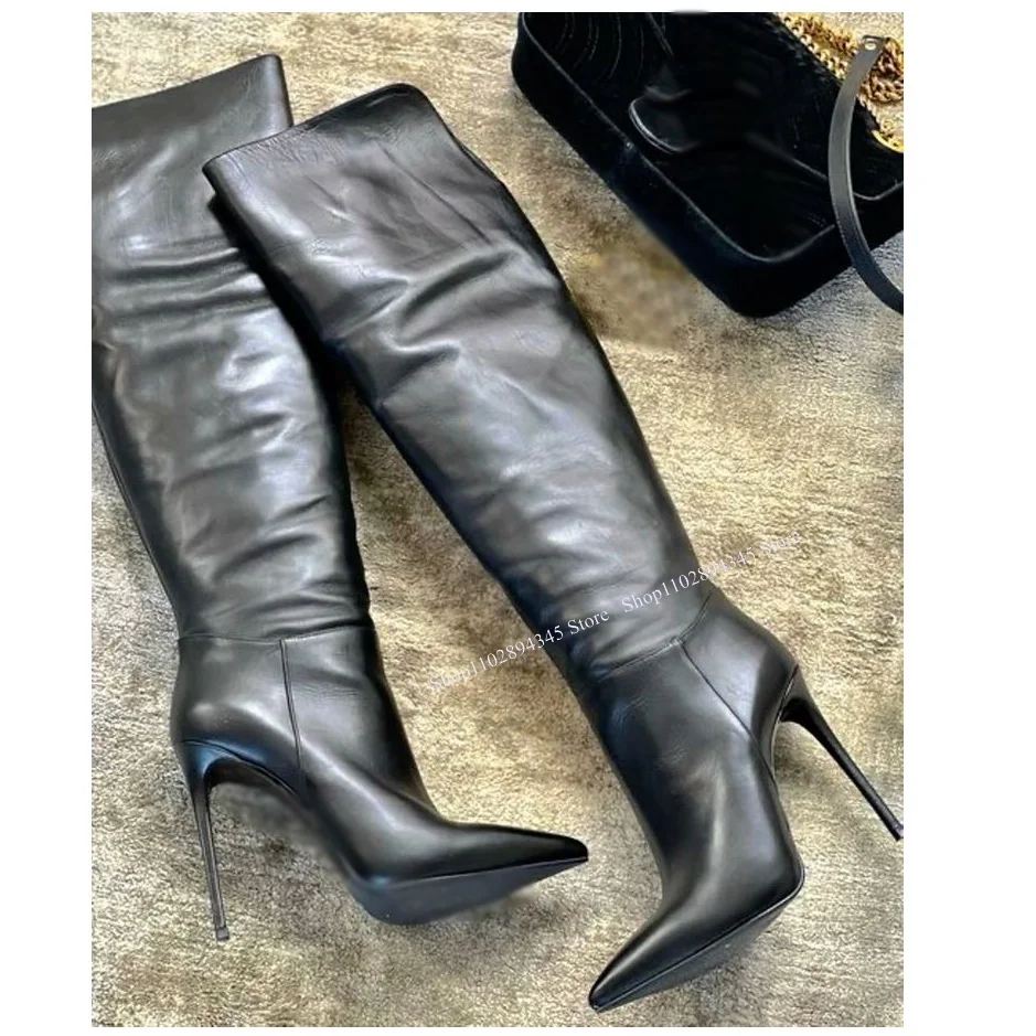 Botas de couro de dedo apontado para mulheres, preto, altura do joelho, salto fino, legal, sexy, elegante, inverno, 2024