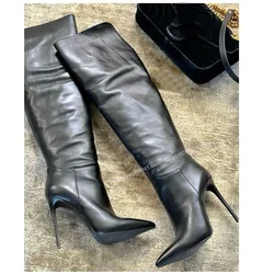 Black Knee High Leather Matte Boots Thin High Heel Pointed Toe Cool Sexy Fashionable Winter 2024 Woman Shoes Zapatillas Mujer