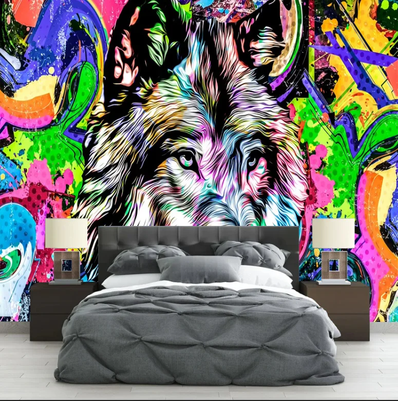 Custom Wallpaper graffiti animal style watercolor wolf head background Mural home decoration self-adhesive material 3d Wallpaper