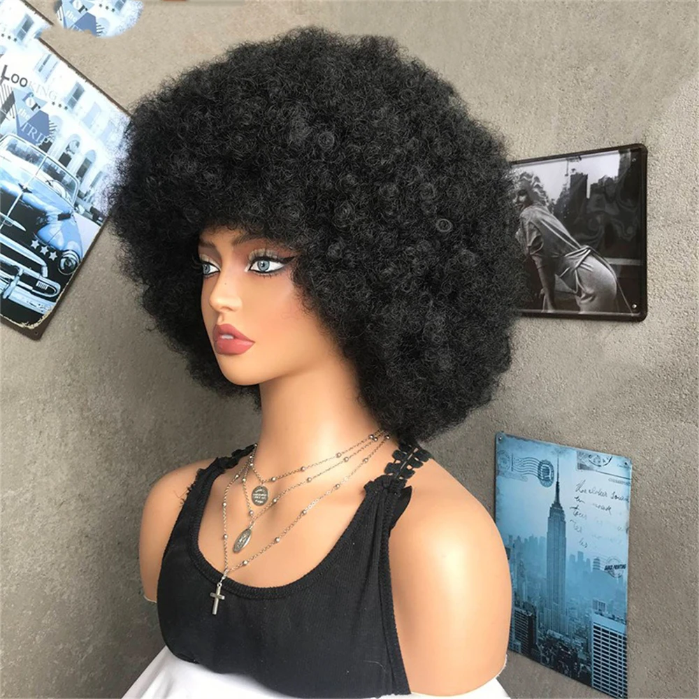 Afro Fluffy Explosive Head Synthetic Short Curly Wig For Women 12 Inch Bouffant 300% Density Heat Resistant Fiber Daily Use Wig