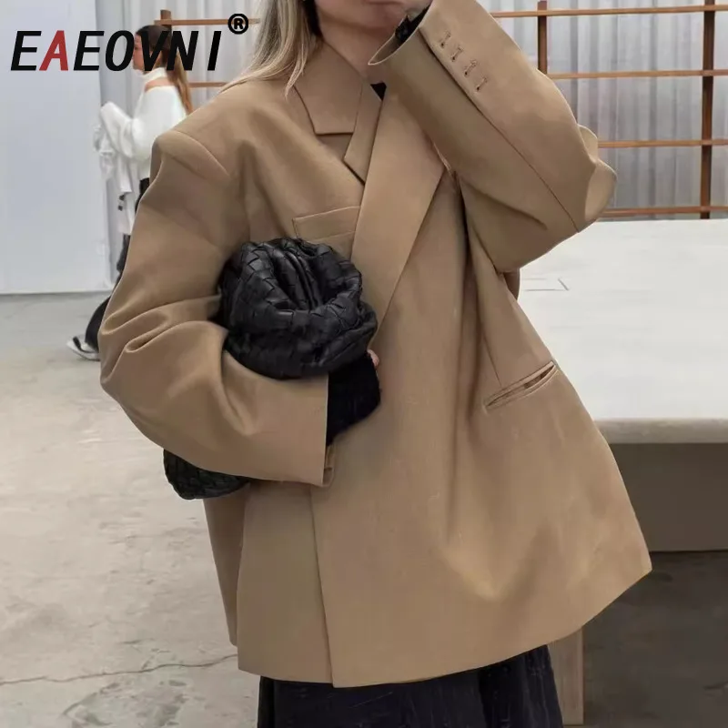 

EAEOVNI 2025 Autumn New Women Blazer Coat Office Lady Loose Button Design Long Sleeve Solid Color Jacket Outerwear Fashion