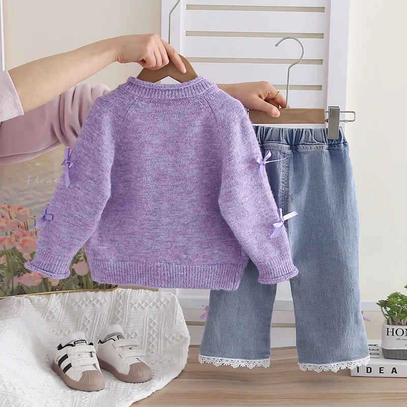 Infant Spring Clothes 2026 New Baby Girl Clothes Korean Cardigan Sweaters + Undershirts + Jeans 3 Piece Girls Boutique Outfits