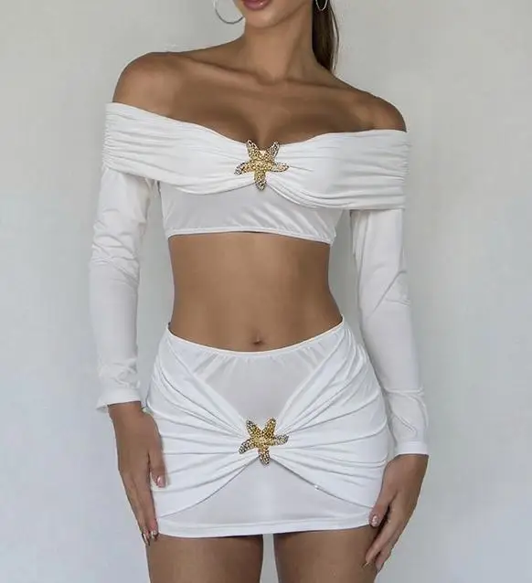 Новый комплект из 2 предметов с металлическими украшениями в виде морской звезды, женские укороченные топы с разрезом на шее и открытой спиной + мини-юбка со рюшами, уличный элегантный стильный костюм