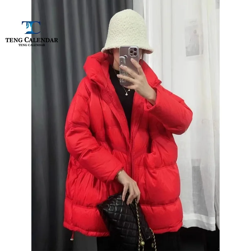 화이트 덕다운 후드 재킷, 대형 루즈한 커버, 두껍고 따뜻한, 겨울 패션, 뉴 에디션, 2024