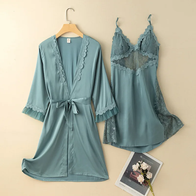 Lake Blue Lady Robe Gown Sets Sexy Hollow Out Lace Floral Trim Nightdress Kimono Bathrobe Casual Lingerie Sleepwear Home Clothes