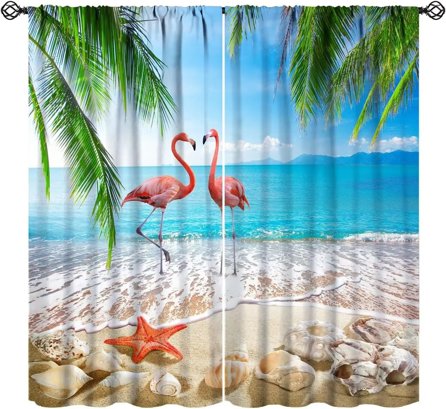 Romantic Flamingo Curtains Natural Landscape Summer Ocean Beach Shells Art Printed Rod Pocket Blackout Window Drapes for Bedroom