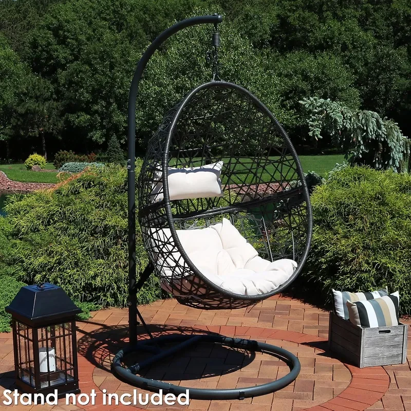Caroline Hanging Resin Wicker Egg Chair 265 Pound Weight Capacity Removable Beige Polyester Cushions