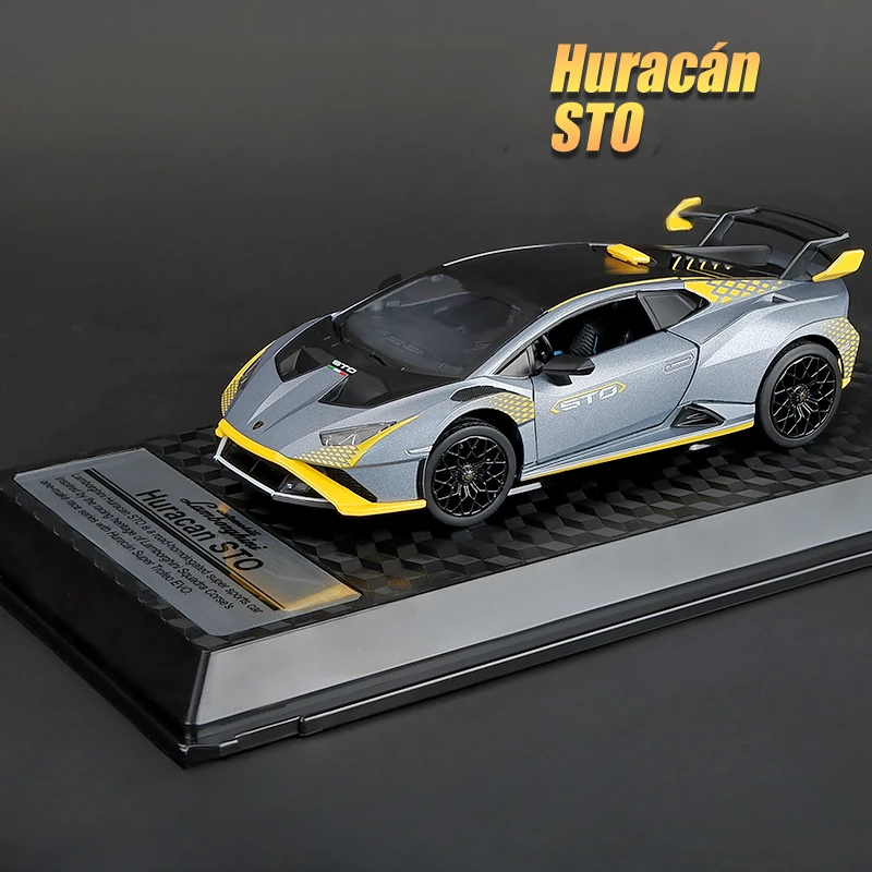 CCA Simulation 1/24 Lamborghini Huracan STO Sport Car Model Diecast Metal Voiture Miniature Sound Light Home Decor Boys Toy Gift