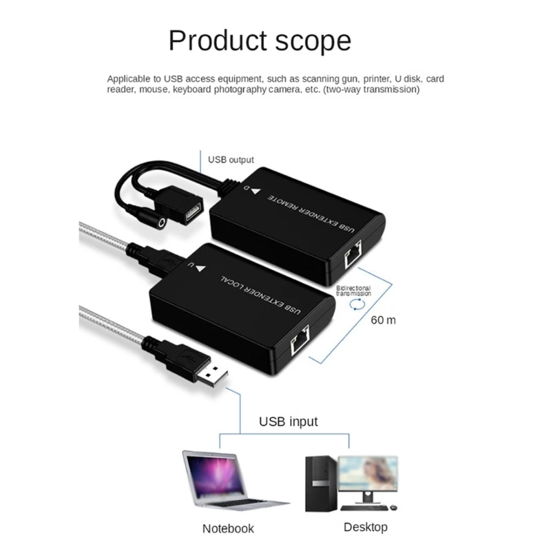 

USB Extender RJ45 with Power Supply Active USB Extension Cord to Ethernet Cat5e Cat6 Usb Hub 60M 1 Set