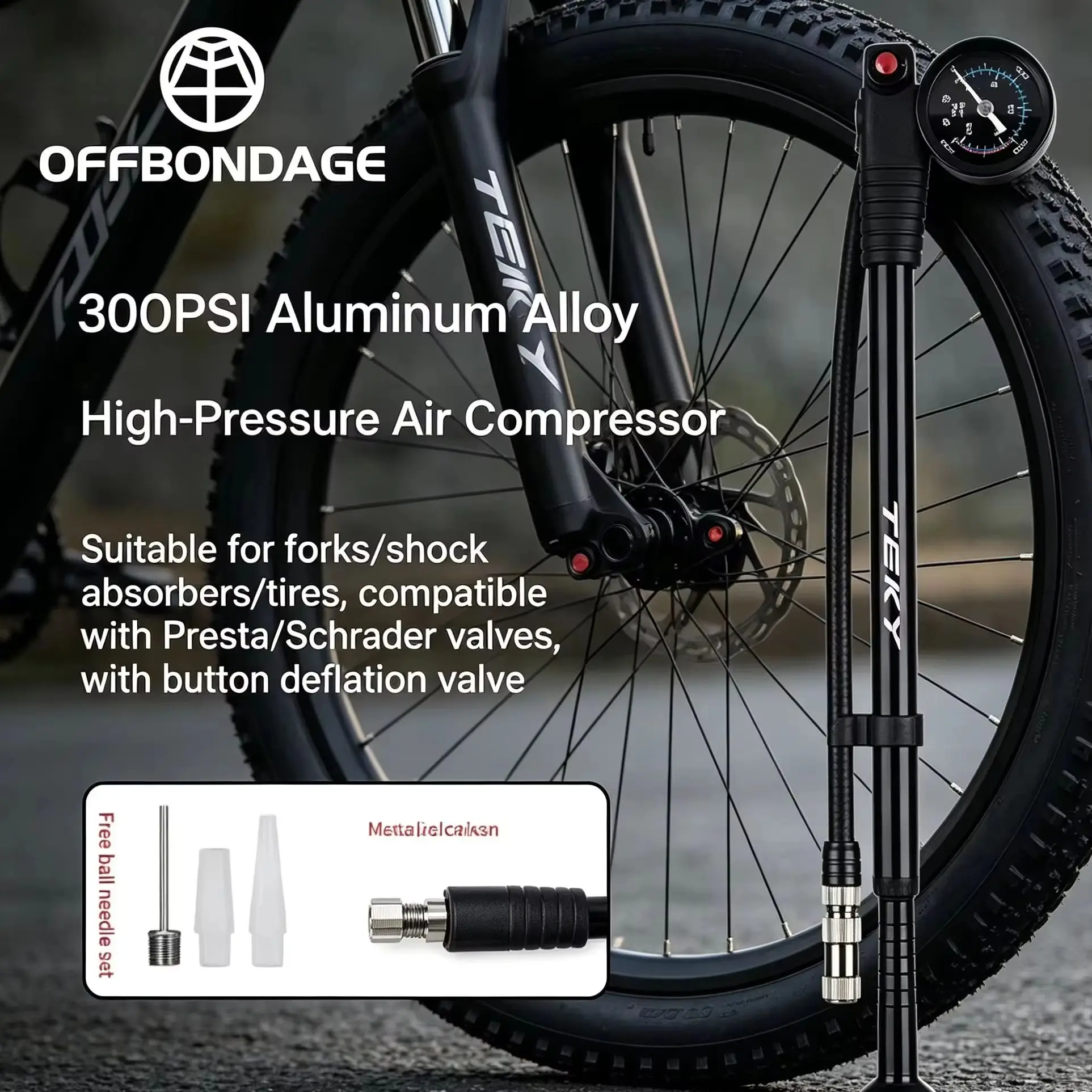 OFFBONDAGE Portable Bicycle Pump 300PSI Bike Air Pump Portable Tire Inflator MTB Road Bike Pump with Gauge Schrader Presta Valve