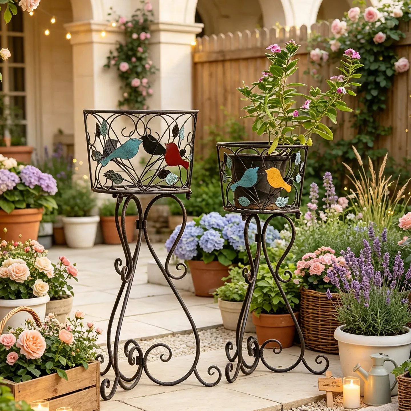 Wrought iron flower pot stand Floor-to-ceiling Colored bird hanging orchid pot Potted plant Green dill