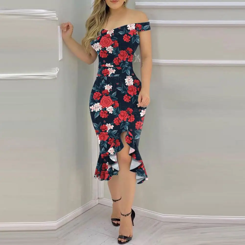 

Flower Print Ruffles Mini Dress Sexy Off Shoulder Irregular Hem Rose Print Bodycon Dress Elegant Hip Wrap Female Party Dresses