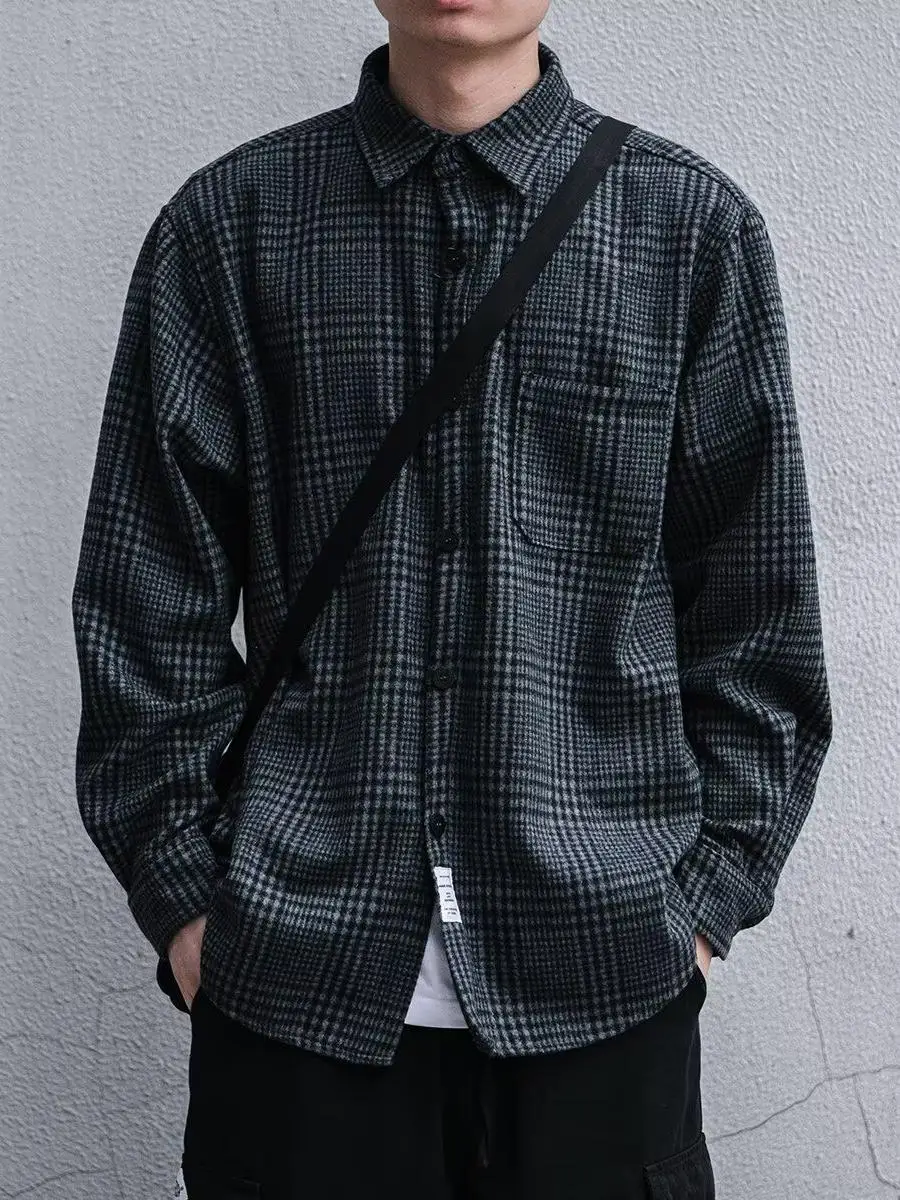 

Retro Workwear Plaid irt Long Sve Loose Fit Versatile Japanese Sle Spring Autumn Men's Clothing Classic Collar