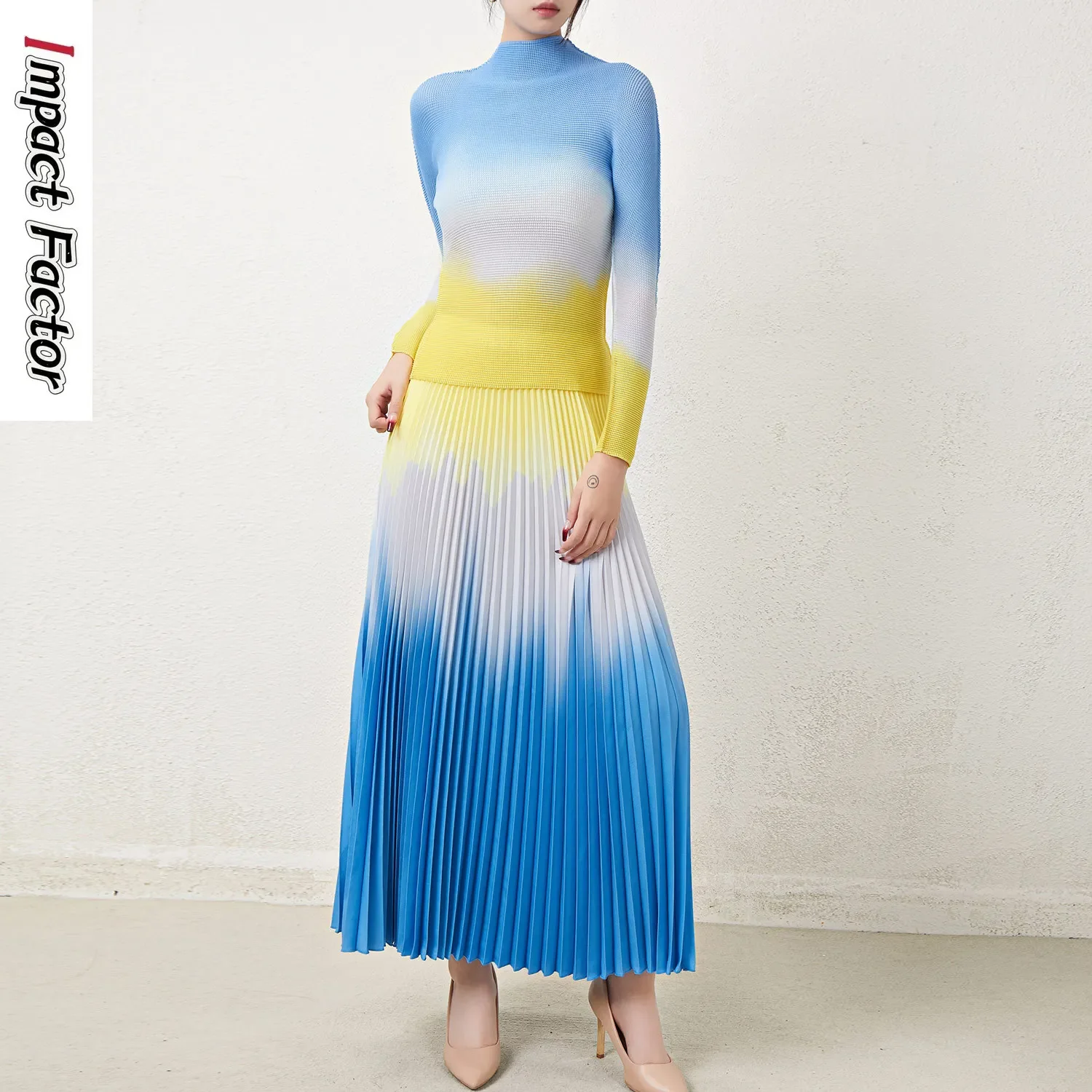 

Miyake Pleated Gradient New Fashion Large Pleated Skirt Set Temperament High End Women's Slim Fit Top Two Piece Set