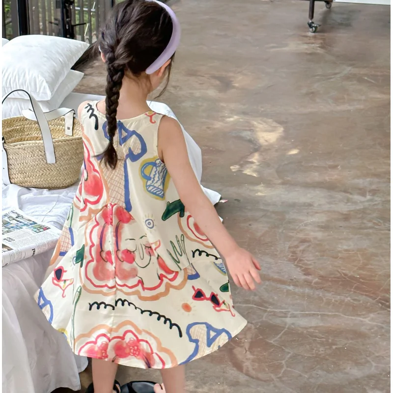 Girls' Floral Cartoon Dress Tank Dress25Summer New Foreign Trade Children's Wear Delivery3-8Years Old