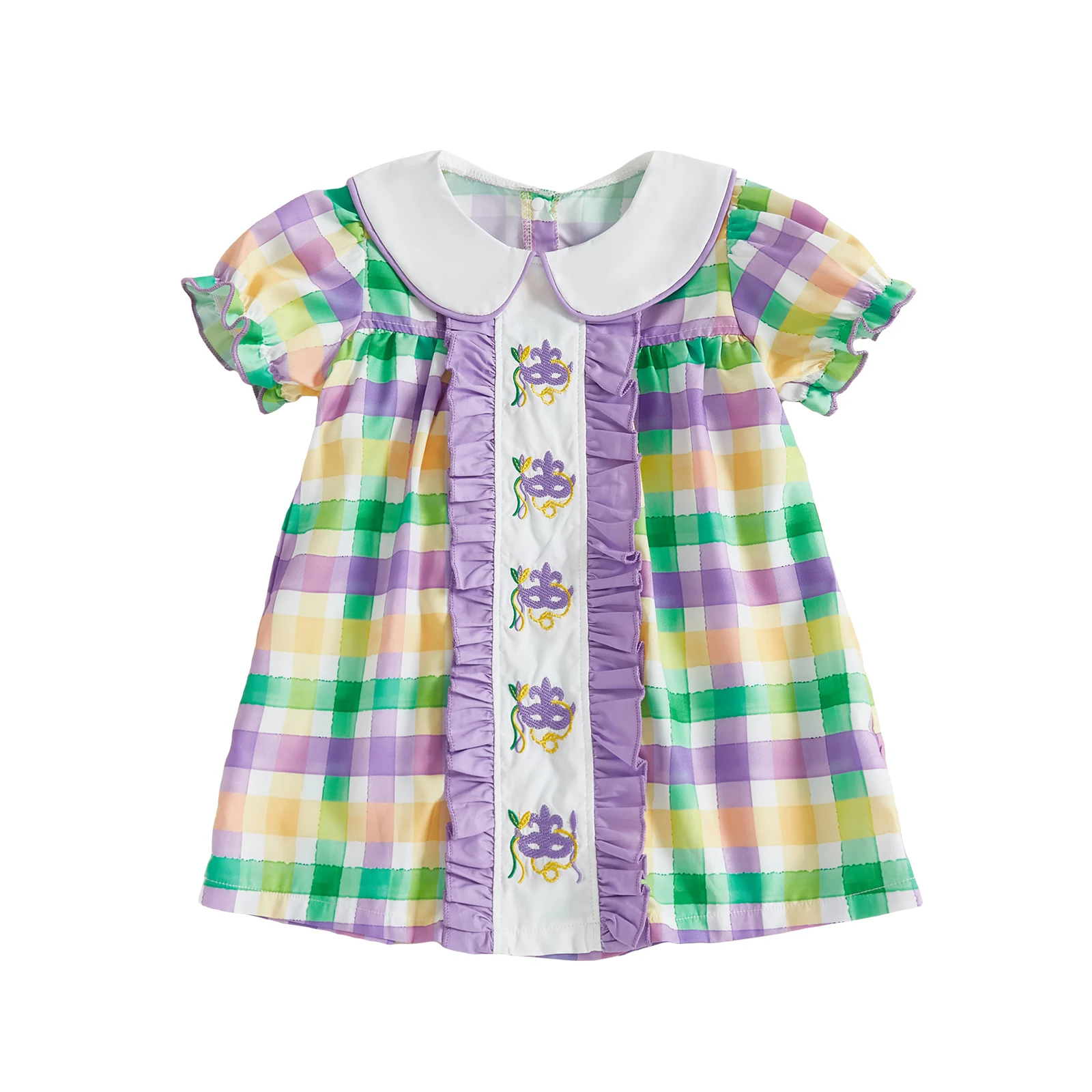 Toddler Girl Carnival Dress Plaid Print Doll Collar Short Sleeve Ruffled A Line Dress