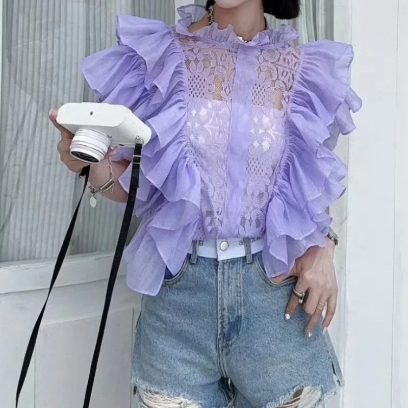 빈티지 엘레강스 레이스 페탈 슬리브 블라우스 프렌치 홀 아웃 훅 플라워 셔츠 캐주얼 시크 탑 페어리 여름 여성 의류 2025