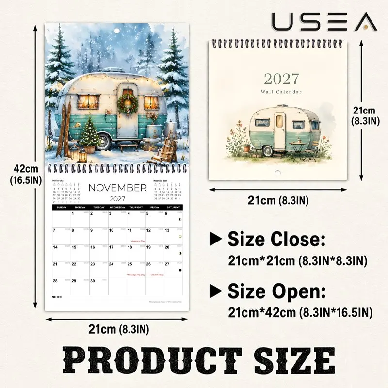 2027 Wall Calendar, Calendar with Large Writable Blocks, Vintage Camper & Botanical Wildflower Boho Farmhouse Decor
