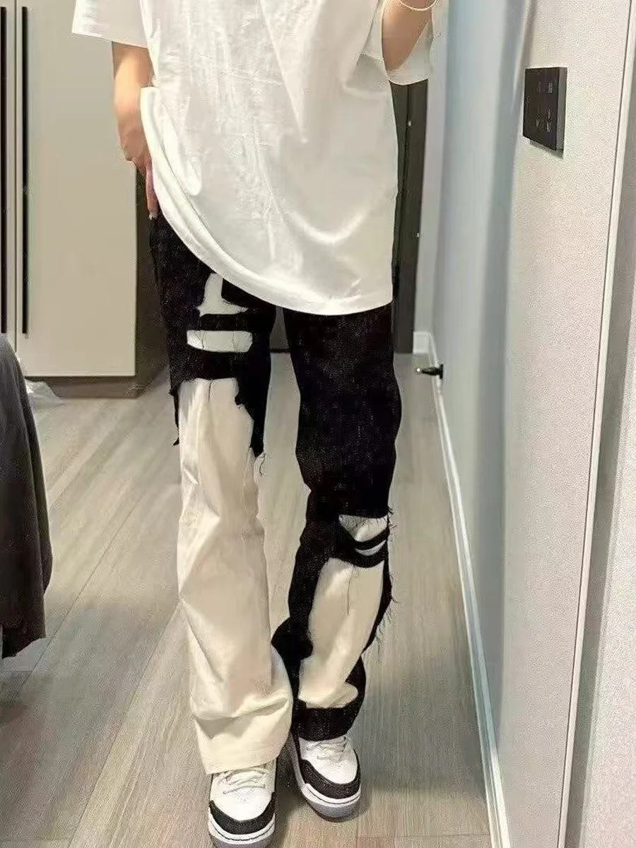 

American Dual-tone Bell Boted Destroyed Design Jeans Men's And Women's Straight Leg Slimming Color Blo Long Trousers