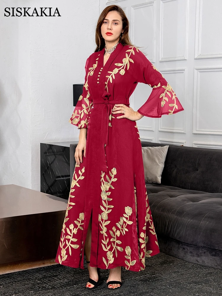 Floral Embroidered Abayas For Women Elegant Muslim Dress Oman Dubai Morocco Kaftan Party Ladies Dresses Ramadan Feminine Clothes