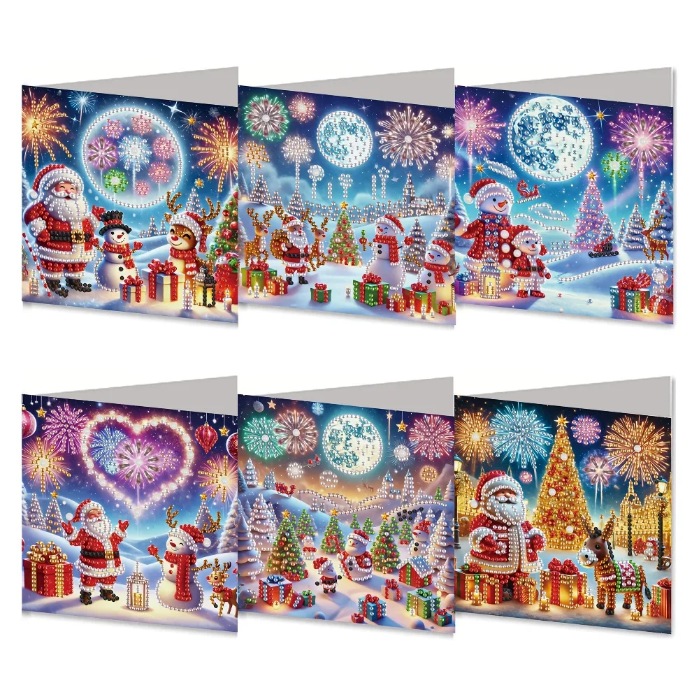 

6pcs Christmas Theme Diamond Painting Greeting Card Set DIY Irregular Crystal Sticker Art Craft Kit