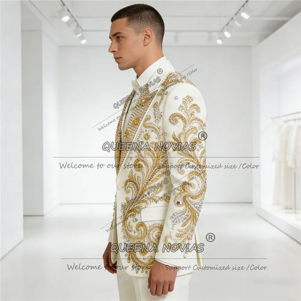 Male Fashion Rhinestones Beads Men Suits 2 Pieces Set Sparkling Tuxedos Wedding Party Attire Customized Blazer Pants Ropa Hombre