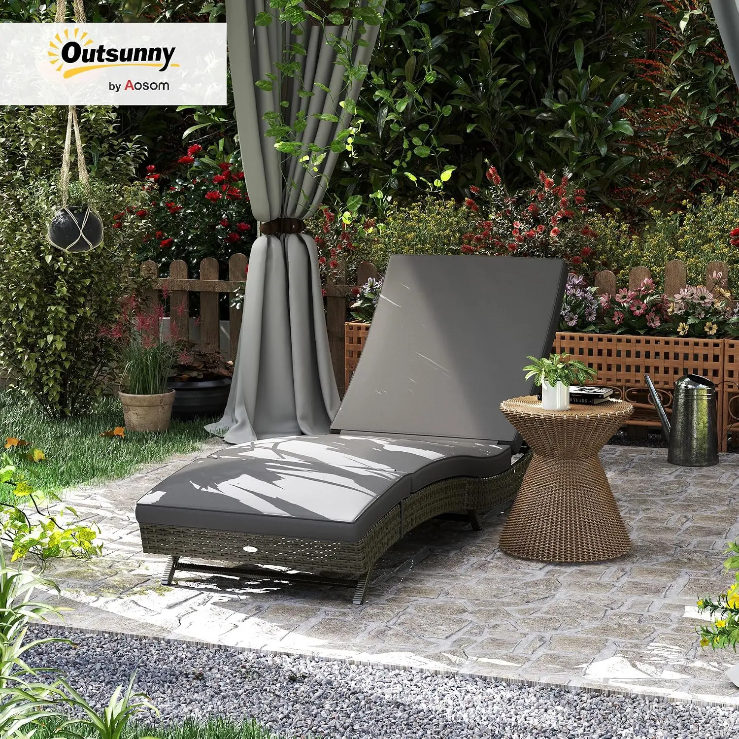 Wicker Chaise Lounge Chair 5-Level Adjustable Backrest Gray | Outdoor PE Rattan, Cushion, Pool Sun Lounger, Wheels, Customized