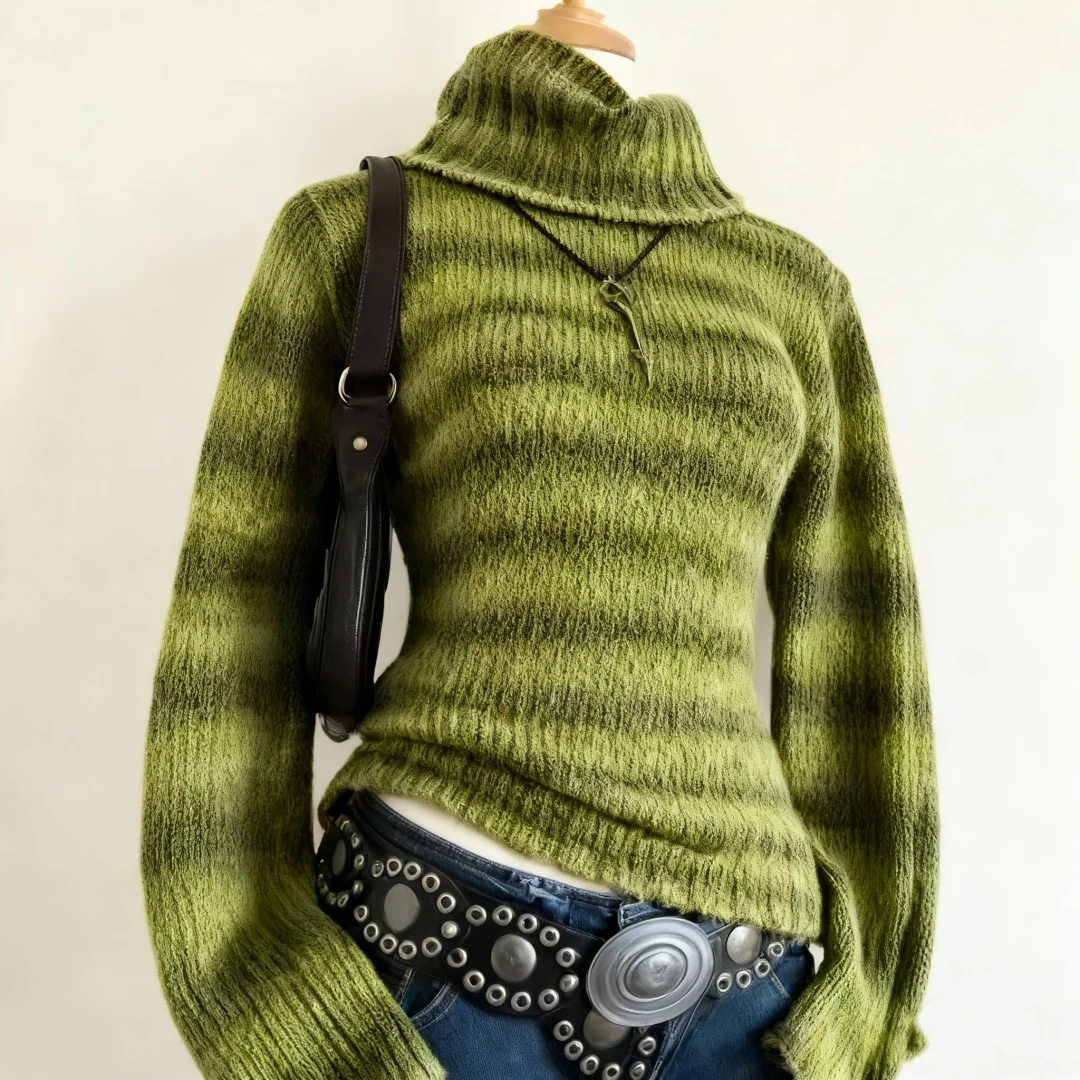레트로 Y2K 그린 스트라이프 하이넥 니트웨어 스웨터 트렌디한 빈티지 스타일 패션