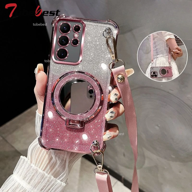 Crossbody-Lanyard-Glitzer-Schutzhülle mit Stoßschutz und Spiegelhalterung für Samsung Galaxy S26 Ultra FE Plus