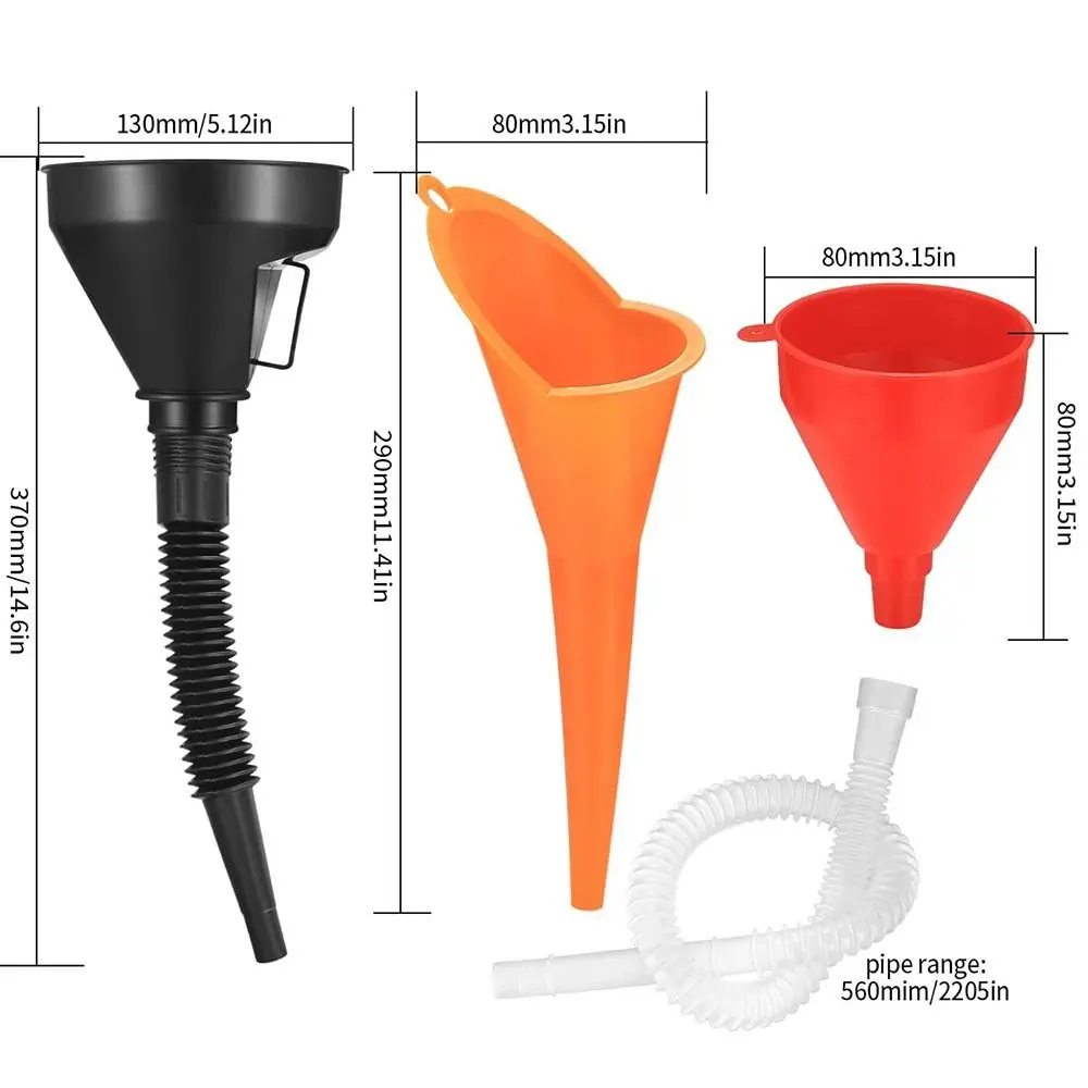 3 Pcs Automotive Funnels Set, Wide Mouth Fuel Funnels, Long Neck Oil Funnels, Flexible Right Angle Funnels with Detachable Spout