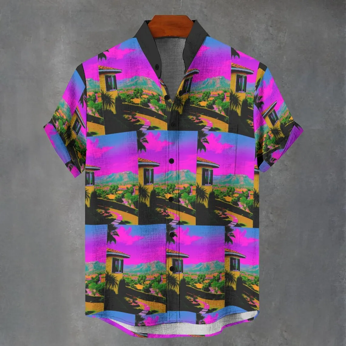 

New 3D fashion printed loose and fashionable linen short sleeved button down shirt from Europe and America