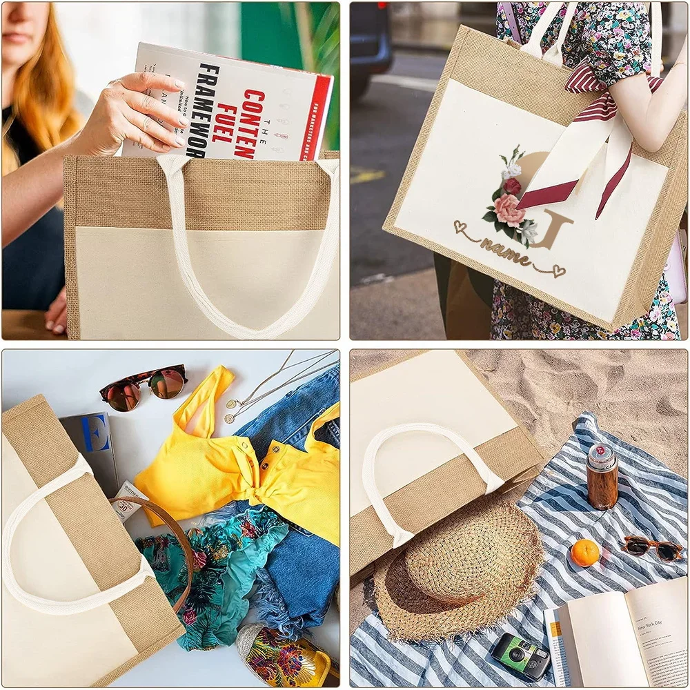 

Custom Free Name Shopping Bags Linen Shoulder Bags Bridesmaid Bridal Party Gifts Vintage Beach Handbags Large Capacity Tote Bag