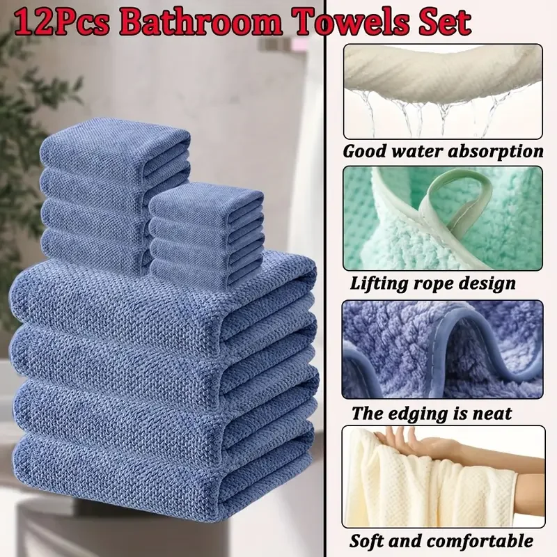 

12pcs Bathroom Towel Set, Microfiber Material, Soft And Comfortable, Good Water Absorption, Multi-Color , Suitable for Bathroom