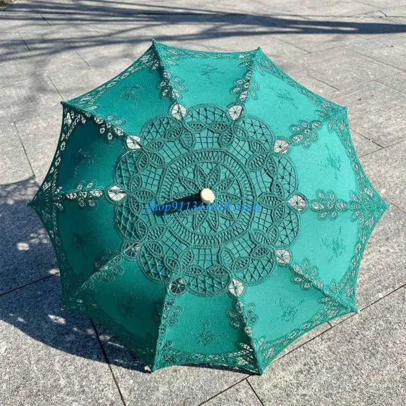  Elegant Lace Embroidered Umbrella   Wooden Handle for Wedding Decorative Parasol