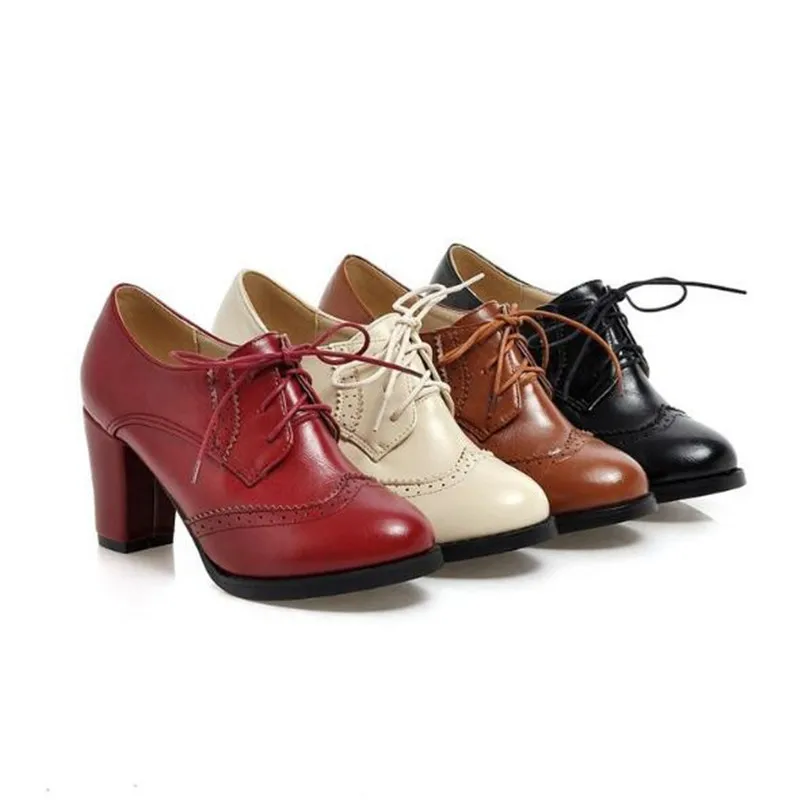 Women's Pump Vintage Brogue Shoes Chunky Heel Cut Out Oxford Shoes Woman Lace Up Leather Shoes Fashion Ladies Short Boots 32-43