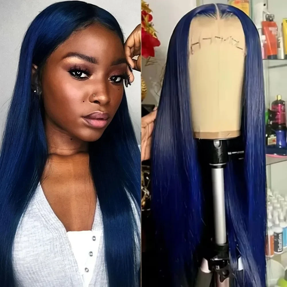 

Dark Blue 13x4 HD Lace Front Straight Wigs For Women Pre Plucked Blue Wigs Transparent Lace Frontal Wigs To Cosplay 200% Density