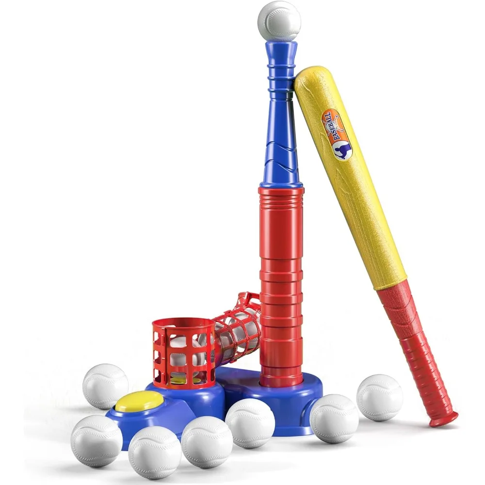2 in 1 Tee Ball Set for Kids Baseball T-Ball Set with 10 Balls Step on Pitching Machine Batting Tee Outdoor Sport Toy Games