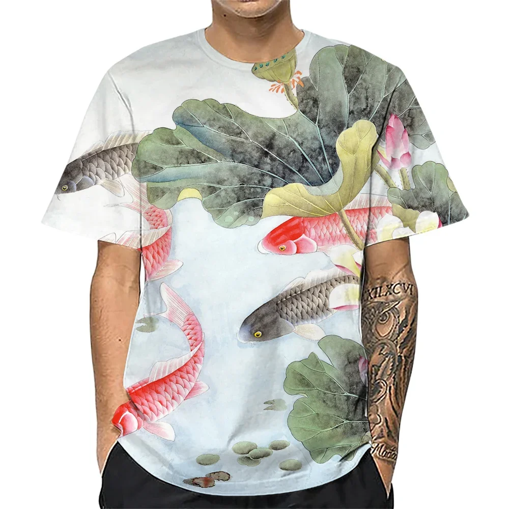 HX Fashion Mens T-shirts Koi lotus landscape painting 3D Printed Shirts Animals T-shirt Summer Short Sleeve Tees
